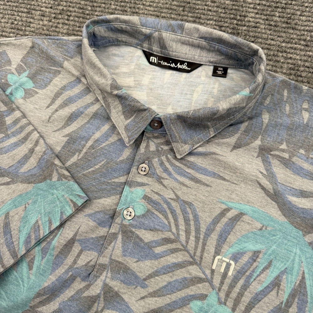 Travis Mathew Polo Shirt Men's 2XL Gray Blue Floral Trees Performance Golf Tech